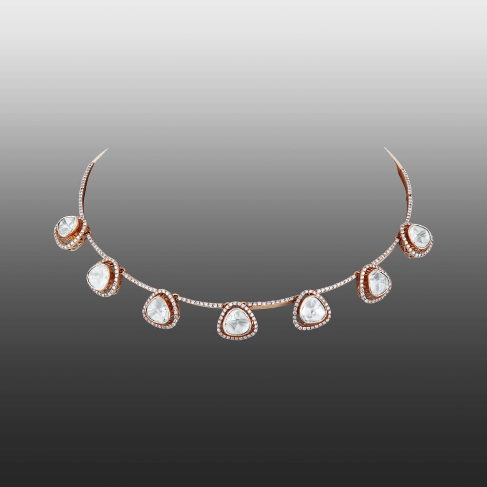 Rose Gold Polki Necklace with Brilliant-Cut Diamond Halo